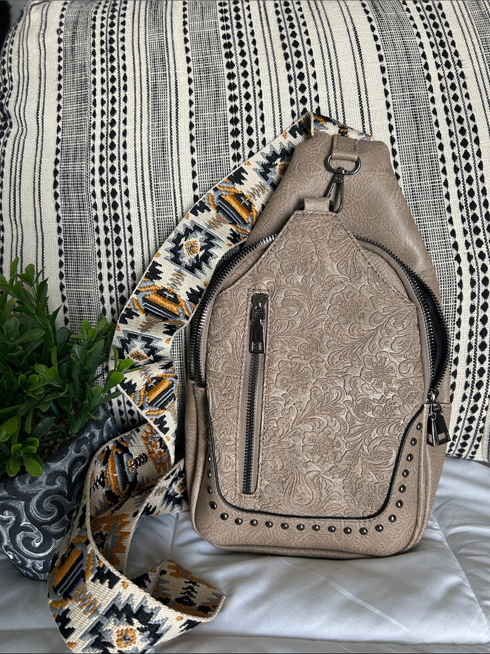 Sam & Hadley Embossed Taupe Crossbody Sling Bag with Patterned Strap NWOT